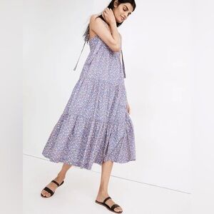 Madewell Tie-Strap Tiered Midi Dress in Summer Vines Hermitage Blue. Size XS
